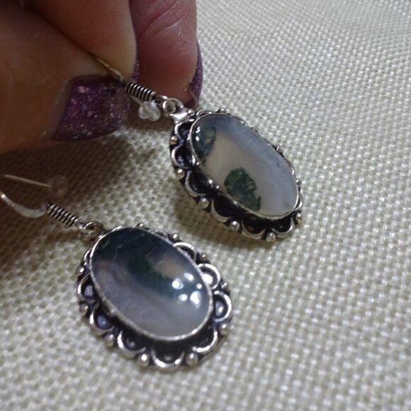 Natural MOSS AGATE Handmade Sterling 925 Dangle Earrings #440C - Picture 1 of 3
